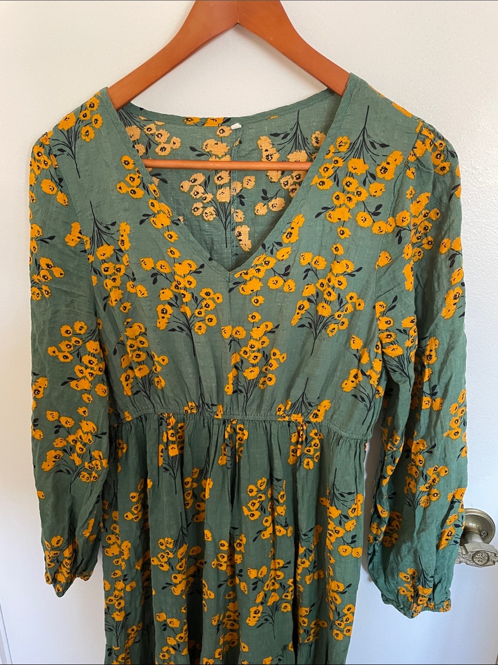 Green Floral V-Neck Tiered Dress with Yellow Print